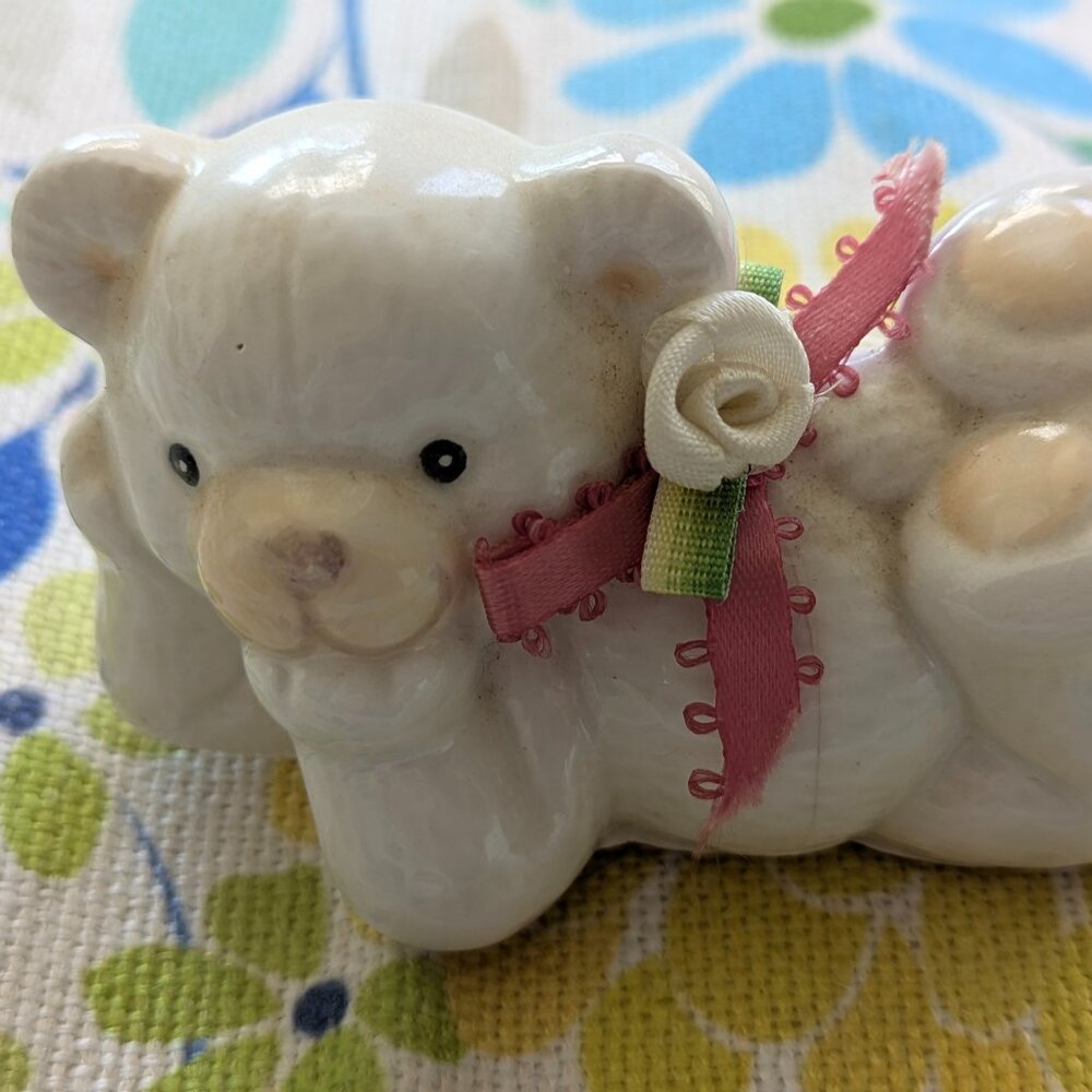 Vintage Ceramic Bear Figurine with Ribbon and Flower Accent made in Korea
